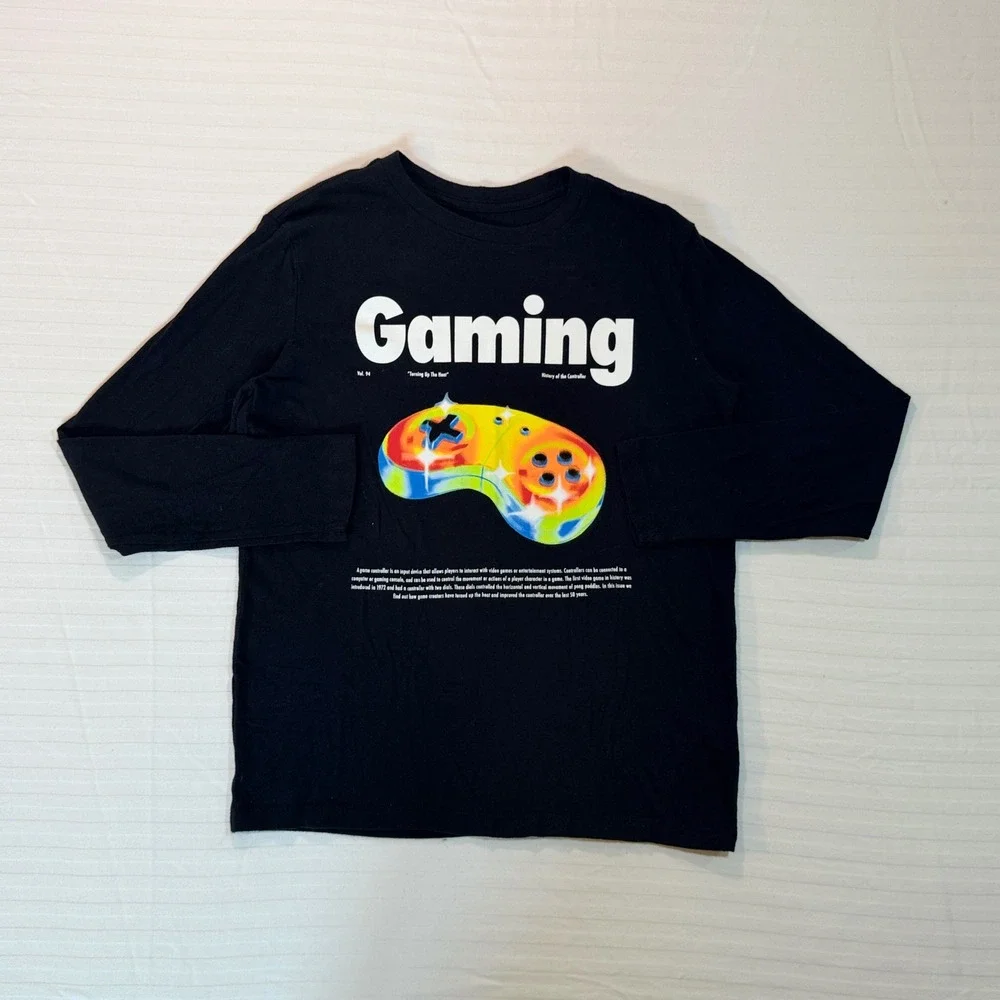 Gaming Controller Graphic Long Sleeve T-Shirt Black 100% Cotton Kids XL 14-16